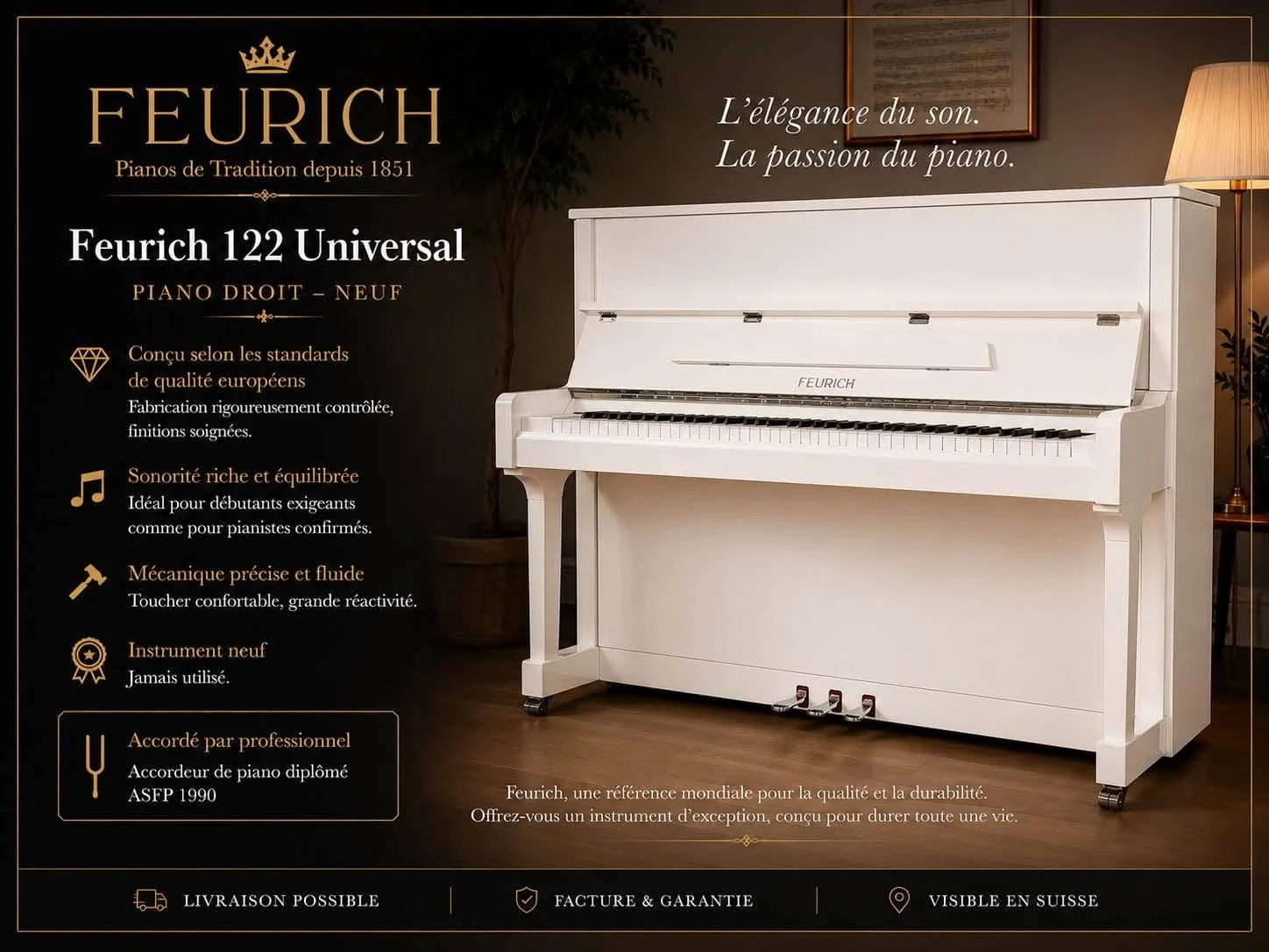 Piano droit neuf FEURICH 122 Universal blanc brillant